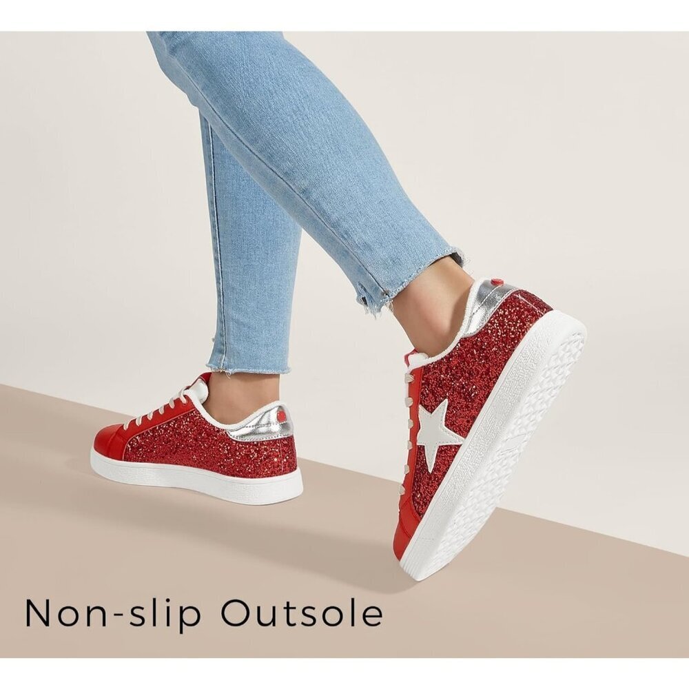 Women's Red Fashion Star Sneaker Lace Up Low Top Comfortable Cushioned Shoes - Picture 4 of 9